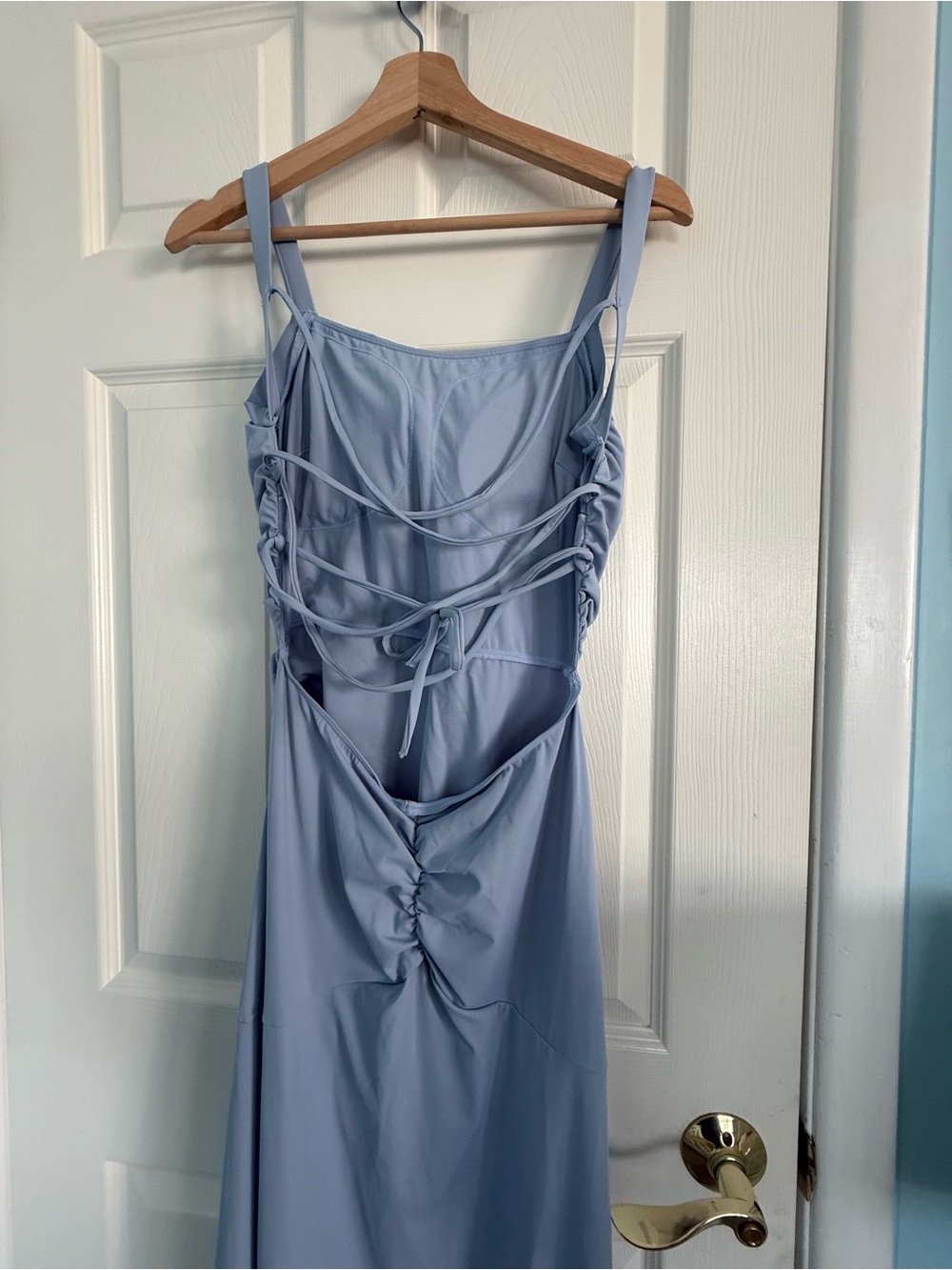 Halara Square Neck Ruched Lace Up Maxi Dress Blue NEW Medium M - Picture 3 of 5